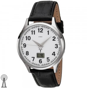 JOBO Herren Armbanduhr Funk Funkuhr Edelstahl Lederband schwarz Herrenuhr Datum