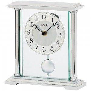 Tischuhr Quarz mit Pendel silbern Metall matt mattiert mit Glas