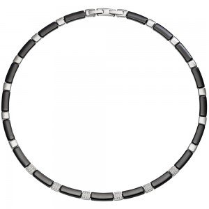 Collier Halskette aus schwarzer Keramik mit Edelstahl und Zirkonia 47cm Kette