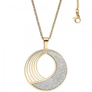 Collier Kette mit Anhänger rund Edelstahl gold farben mit Glitzer-Effekt 80cm