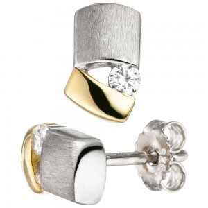 Ohrstecker 925 Sterling Silber bicolor vergoldet matt 2 Zirkonia Ohrringe