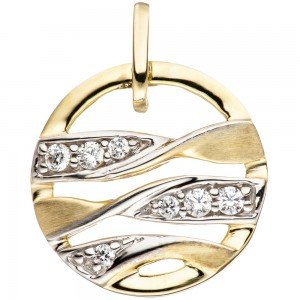 Anhänger rund 333 Gelbgold bicolor mattiert mit Zirkonia Goldanhänger
