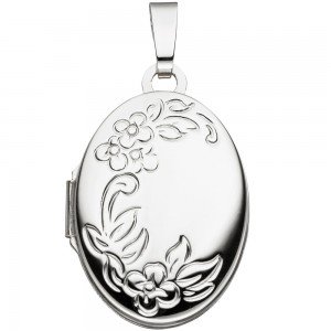 Medaillon Blumen oval für 2 Fotos 585 Weißgold Anhänger zum Öffnen