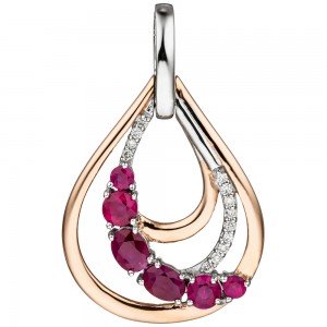 Anhänger Tropfen 585 Rotgold bicolor 6 Rubine rot 13 Diamanten Brillanten