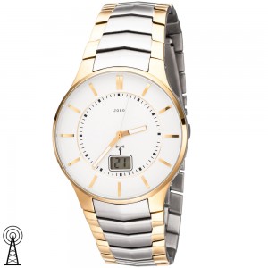 JOBO Herren Armbanduhr Funk Funkuhr Edelstahl bicolor vergoldet Datum Herrenuhr