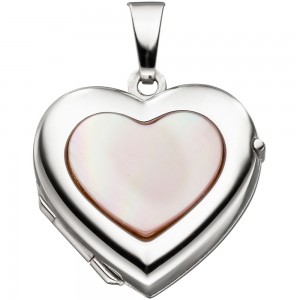 Medaillon Herz für 2 Fotos 333 Gold Weißgold mit Perlmutt Anhänger zum Öffnen