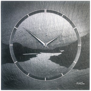 Wanduhr Quarz Schiefer Naturschiefer Motiv Fjord Schieferuhr silbern