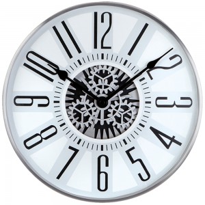 Wanduhr Quarz analog silbern grau mit Skelett sichtbaren Zahnrädern