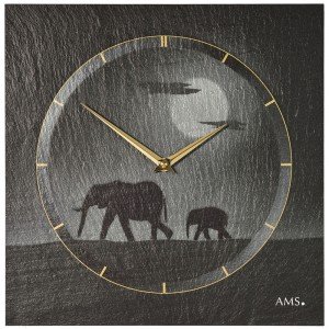 Wanduhr Quarz Schiefer Naturschiefer Schieferuhr silbern Elefanten