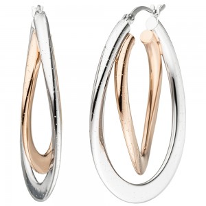 JOBO Creolen oval 925 Silber bicolor vergoldet Ohrringe mit Glitzereffekt