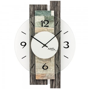 AMS Wanduhr Quarz analog modern graue Holz Optik mit Naturstein und Glas