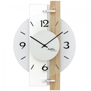 AMS Wanduhr Quarz Hochglanz weiß Holz Sonoma Optik mit Aluminium und Glas