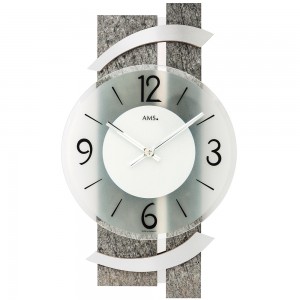 AMS Wanduhr Quarz analog modern Naturstein Optik mit Glas und Aluminium