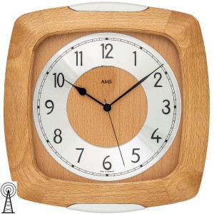 AMS 5804/18 Wanduhr Funk Funkwanduhr analog Holz Buche massiv mit Glas