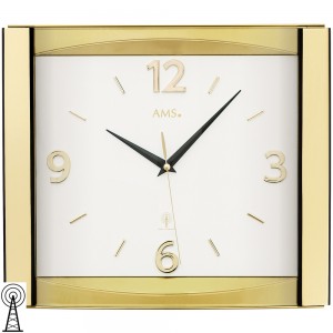 AMS Wanduhr Funk Funkwanduhr analog golden mit Glas