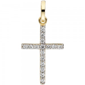 JOBO Anhänger Kreuz schmal 375 Gelbgold 16 Zirkonia Kreuzanhänger Goldkreuz