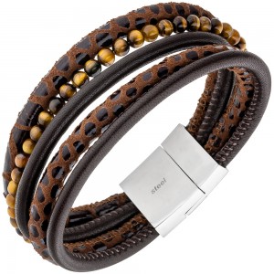 JOBO Armband 5-reihig Leder braun mit Tigeraugen-Kugeln und Edelstahl 18,5cm
