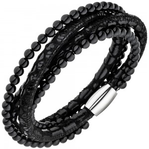 JOBO Armband Leder schwarz mit Onyx Kugeln und Edelstahl 19cm Lederarmband