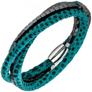 JOBO Armband Leder türkis mit Hämatit Würfeln und Edelstahl 19cm Lederarmband