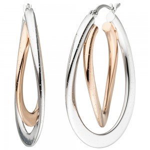 JOBO Creolen oval 925 Silber bicolor vergoldet Ohrringe mit Glitzereffekt