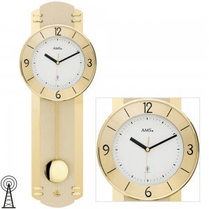AMS Wanduhr Funk mit Pendel Pendeluhr messing farben mit Glas