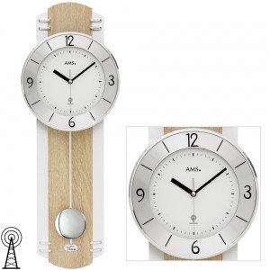 AMS Wanduhr Funk Funkwanduhr mit Pendel Pendeluhr Holz Sonoma Optik