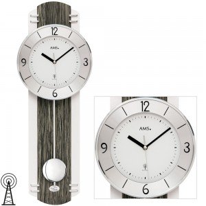 AMS Wanduhr Funk Funkwanduhr mit Pendel schwarz graue Holz Optik Pendeluhr