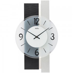 AMS Wanduhr Quarz analog silbern modern mit Schiefer und Glas
