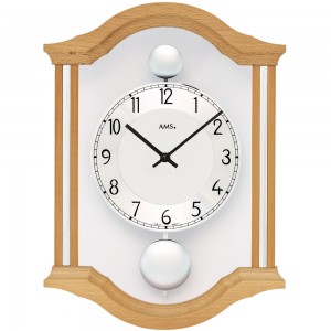 AMS Wanduhr Quarz analog Pendel Doppelpendel Holz Buche massiv mit Glas