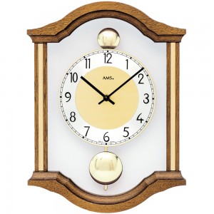 AMS Wanduhr Quarz analog Pendel Doppelpendel Holz Eiche massiv mit Glas