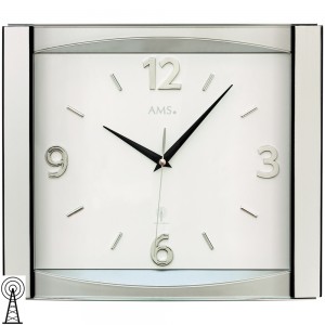 AMS Wanduhr Funk Funkwanduhr analog silbern mit Glas