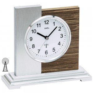 AMS Tischuhr Funk silbern modern Holz nussbaum farben mit Aluminium