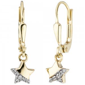 JOBO Kinder Ohrhänger Stern 375 Gelbgold 12 Zirkonia Ohrringe