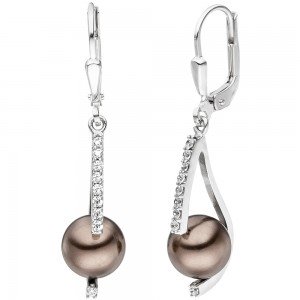 JOBO Ohrhänger 925 Sterlingsilber 2 Perlen braun 18 Zirkonia Ohrringe