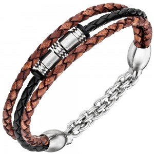 JOBO Herren Armband 3-reihig Leder schwarz braun mit Edelstahl 21cm