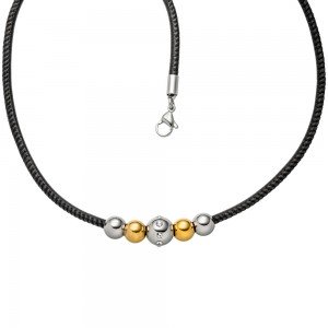 Collier Kette mit Anhänger Kugeln Edelstahl bicolor 8 Zirkonia Lederband 42cm