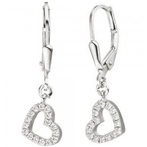 JOBO Ohrhänger Herz 925 Sterlingsilber 32 Zirkonia Ohrringe Boutons Herzohrringe
