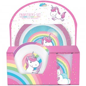 Einhorn Kinder Frühstücks-Set 3-teilig aus Melamin rosa