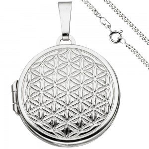 Medaillon Blume des Lebens rund Anhänger zum Öffnen 925 Silber mit Kette 60cm
