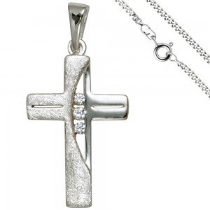 Anhänger Kreuz 925 Silber 3 Zirkonia Kreuzanhänger Silberkreuz mit Kette 60cm