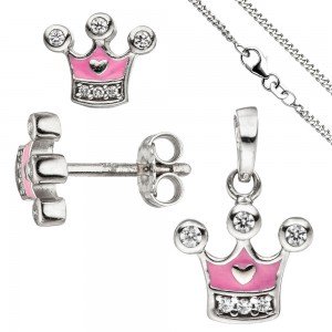 Kinder Mädchen Schmuck-Set Krone pink rosa 925 Silber Zirkonia mit Kette 42cm