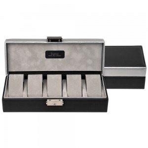 Uhrenetui Uhrenkasten Uhrenbox CARVON schwarz silbern für 5 Uhren