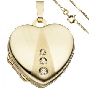 Medaillon Herz Anhänger zum Öffnen für Fotos 333 Gold 3 Zirkonia mit Kette 45cm