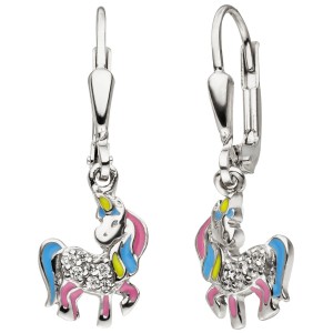 Kinder Ohrhänger Einhorn 925 Silber 14 Zirkonia Ohrringe