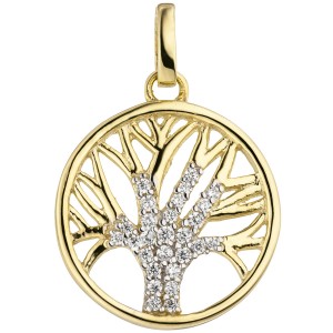 Anhänger Lebensbaum Baum 375 Gelbgold bicolor 27 Zirkonia