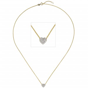 Collier Kette mit Anhänger Herz 375 Gelbgold bicolor 14 Zirkonia 45cm