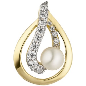Anhänger 375 Gelbgold 1 Süßwasser Perle 13 Zirkonia