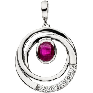 Anhänger 375 Weißgold 7 Zirkonia 1 Rubin rot Rubinanhänger