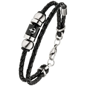 Armband Anker 2-reihig Leder geflochten mit Edelstahl 21cm