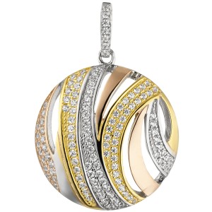 Anhänger rund 925 Sterlingsilber tricolor dreifarbig vergoldet 106 Zirkonia